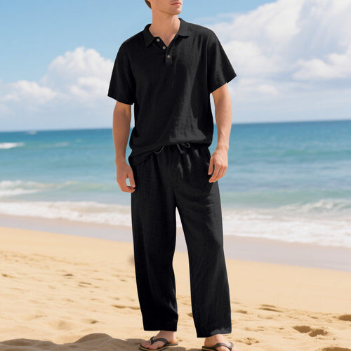 Tenue d'été décontractée pour hommes avec polo en coton de haute qualité à manches courtes et pantalons en lin confortables Amarae