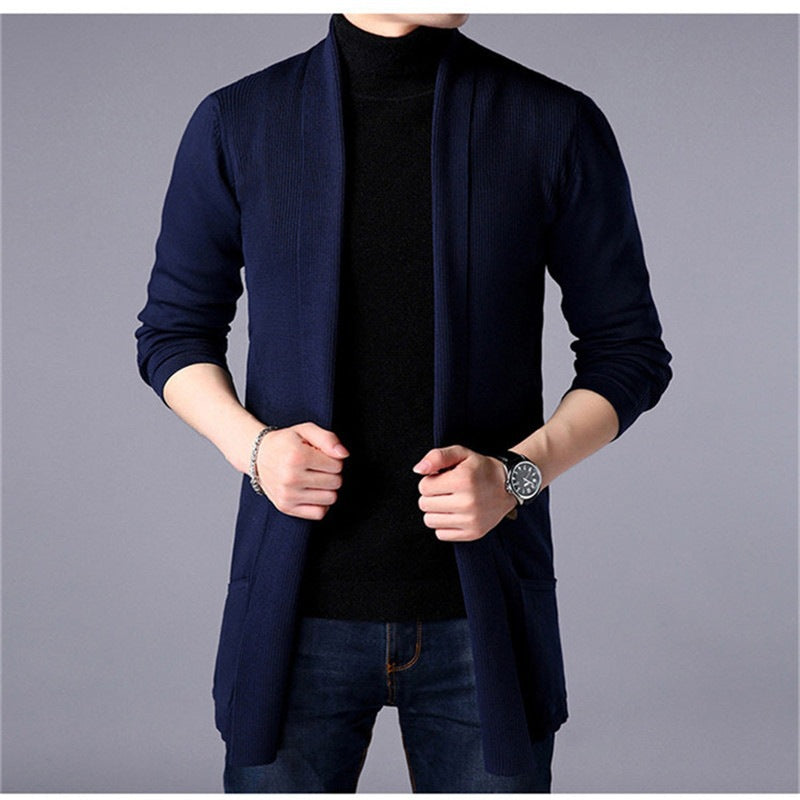Long knit coat for men with open fronts and modern details Lune London