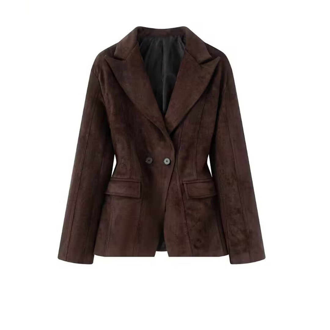 Women's Tailored Suede Blazer with Notched Collar and Flap Pockets Amarae