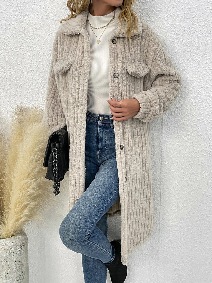 Ladies Comfortable Long Waffle Coat with Pockets and Button Closure Lune London