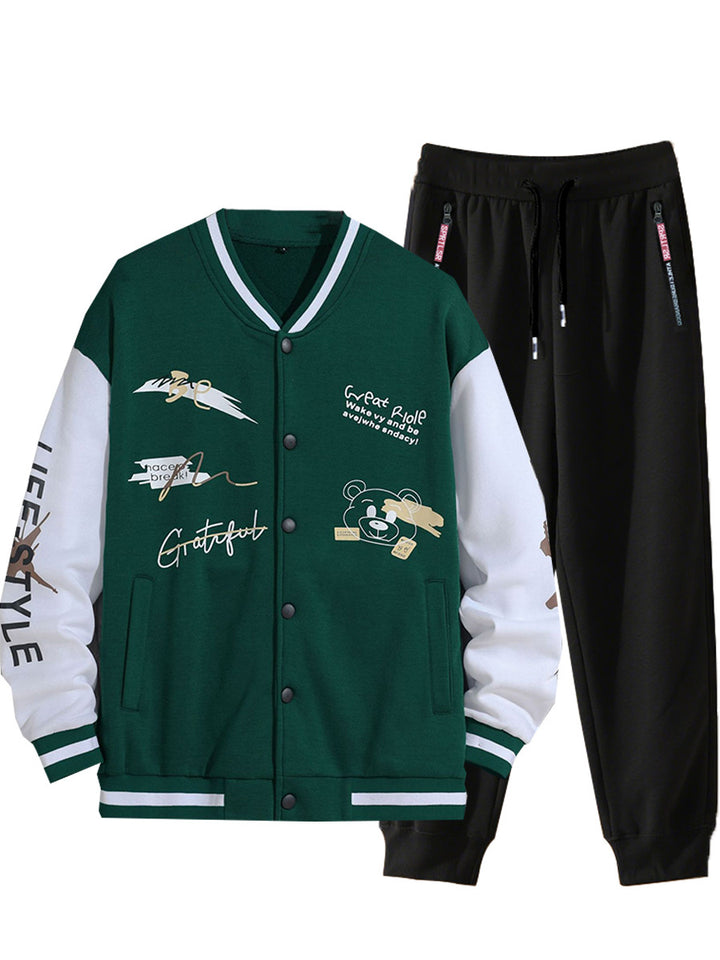 Men's College Style Sports Jacket Set and Jogging Pants with Colorful Patterns Lune London