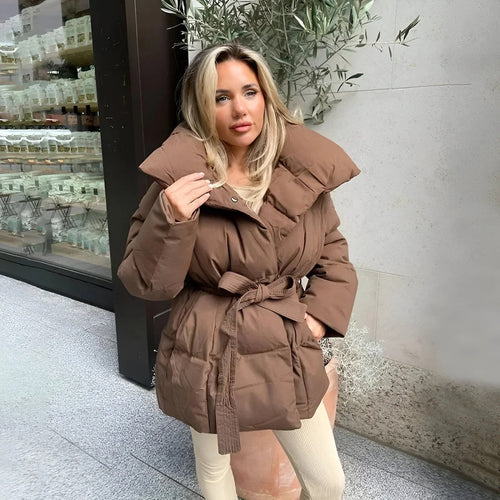 Fashionable women's down jacket with a wide collar and an adjustable belt Amarae