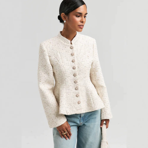 Women's Boucle Blazer with Stand Collar and Fitted Peplum Silhouette Amarae