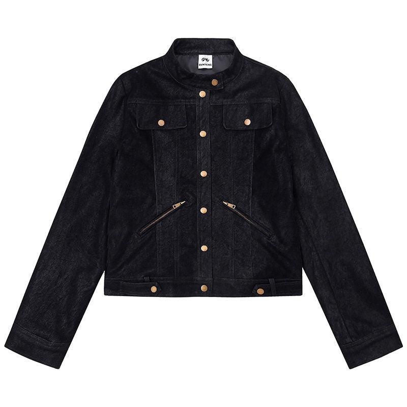 Women Short Cut Faux Leather Jacket in Vintage Moto Style Amarae