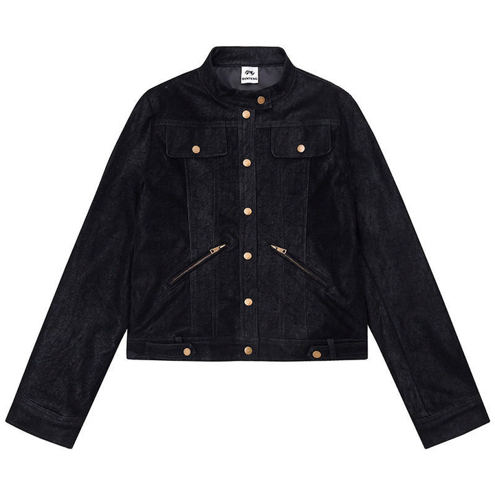 Women Short Cut Faux Leather Jacket in Vintage Moto Style Amarae