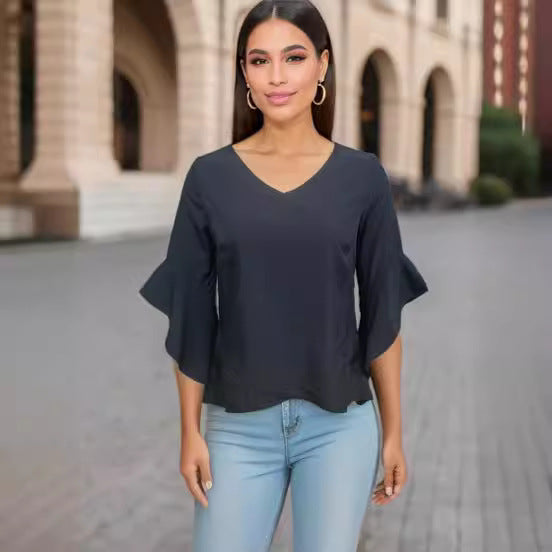 Women Elegant Blouse with Ruffle Details and Deep V-Neck Lune London
