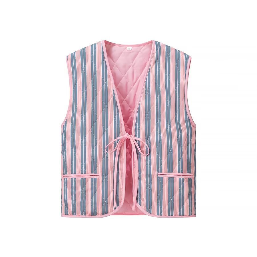 Women's Padded Quilted Vest with Floral Allover Print, Tie Belt and Decorative Piping Amarae