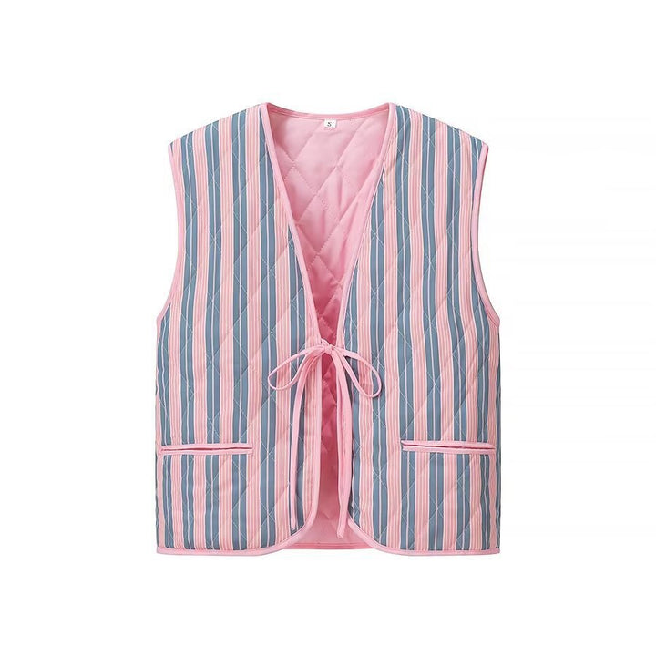 Women's Padded Quilted Vest with Floral Allover Print, Tie Belt and Decorative Piping Amarae