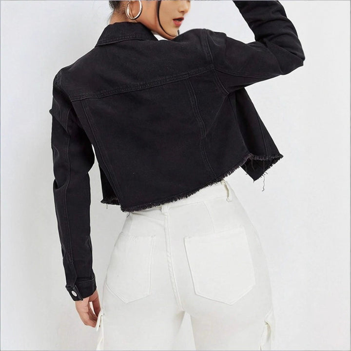 Women's Cropped Denim Jacket with Studded Collar, Frayed Hem and Flap Pockets Amarae