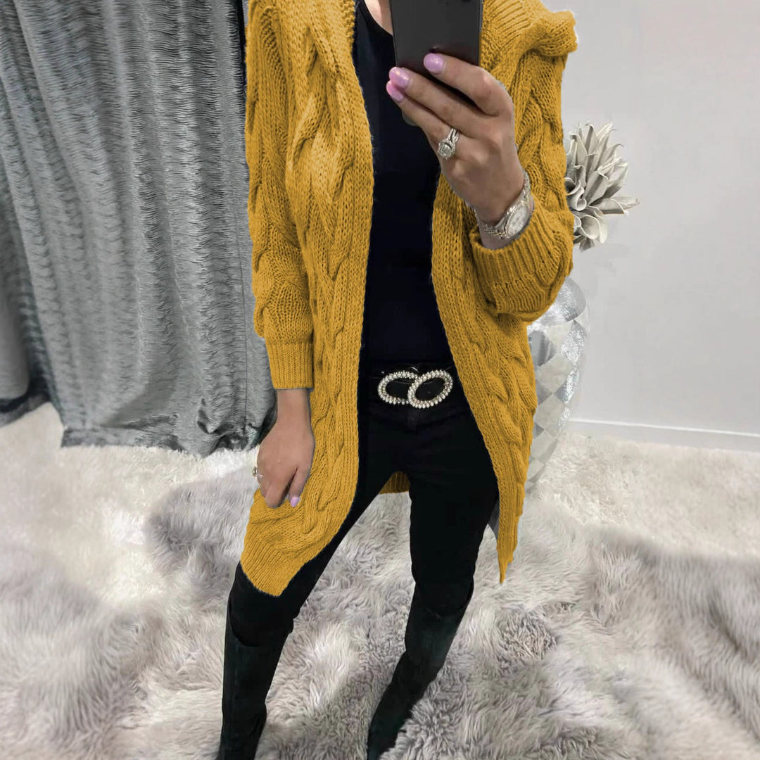 Ladies Chunky Knit Cardigan with Hood and Chic 3D Pattern