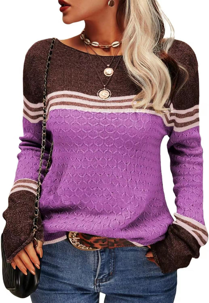 Pull tricoté décontracté pour femmes avec des blocs de couleur contrastants et une texture unique Chic & Stil