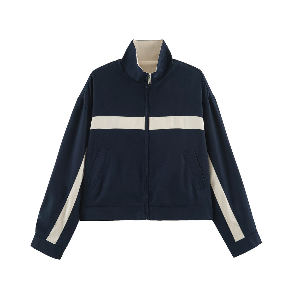 Ladies Cropped Track Jacket with Stand-up Collar, Zipper and Side Contrast Stripes Amarae