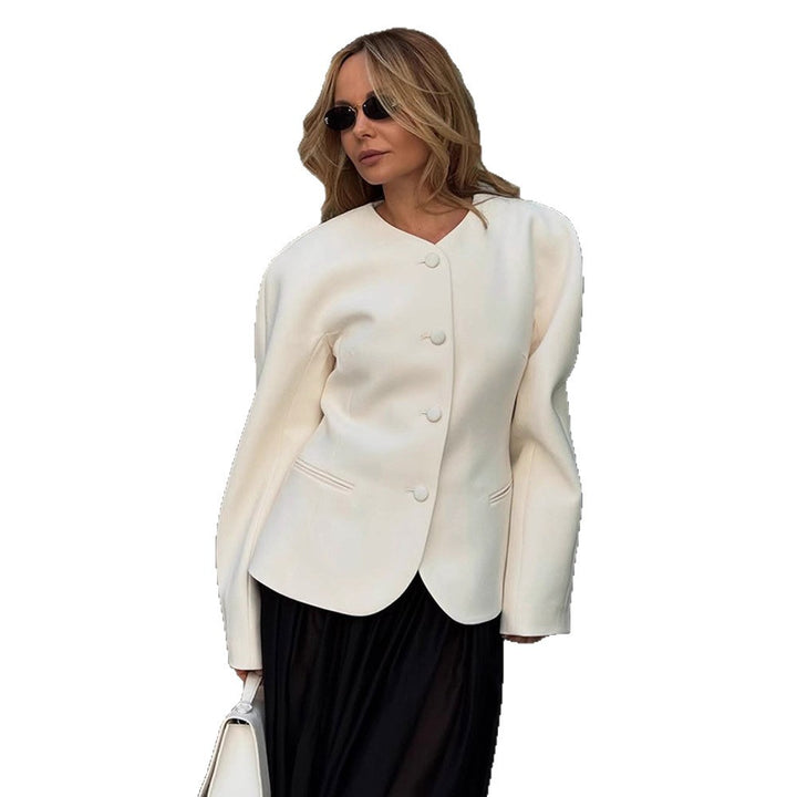 Women Short Blazer with Sculptural Shoulder, Rounded Neckline and Concealed Button Placket Amarae