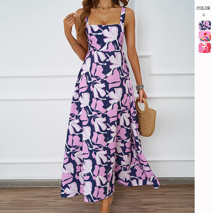 Ladies maxi dress with modern floral design and flattering silhouette Lune London