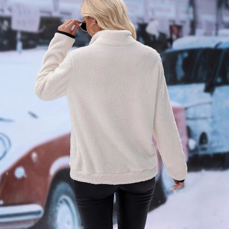 Women's fluffy fleece cuddle pullover with half zipper, kangaroo pocket and stand-up collar Amarae