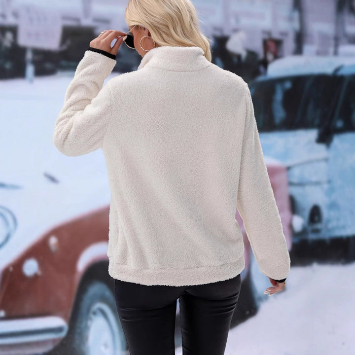 Women's fluffy fleece cuddle pullover with half zipper, kangaroo pocket and stand-up collar Amarae
