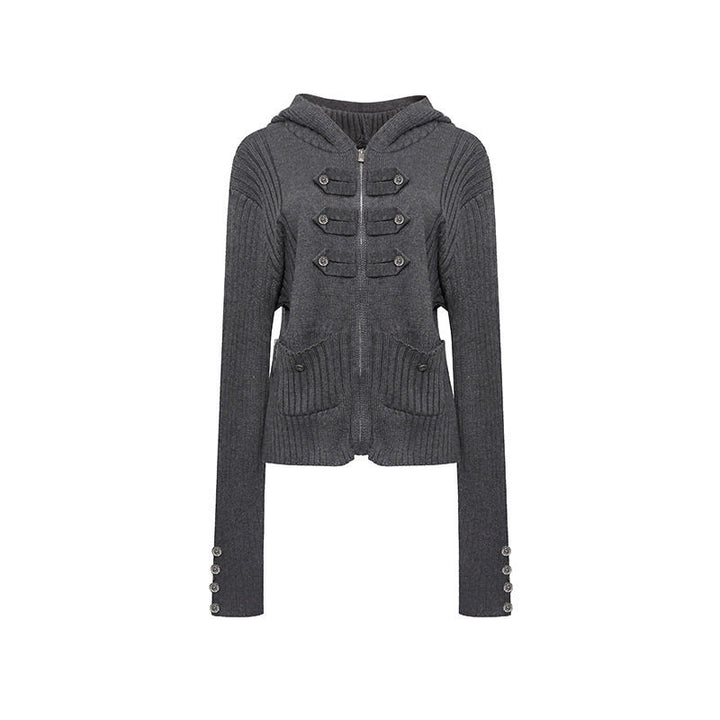 Women's ribbed hooded cardigan with zipper, decorative button placket and patch pockets Amarae