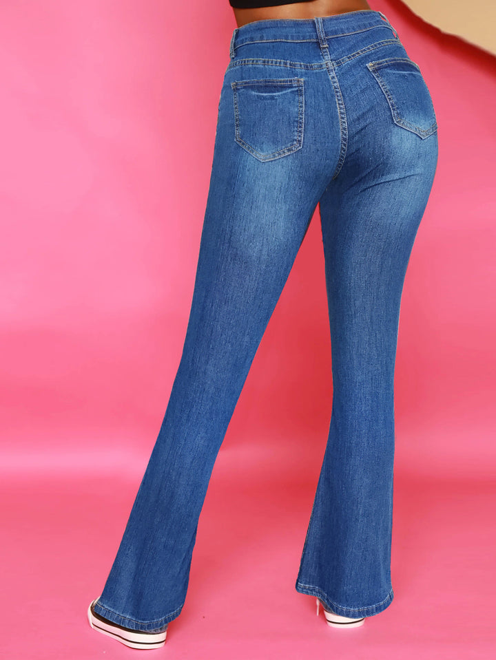 Women's High-Waisted Flared Jeans with Visible Button Placket and Sculpting Superstretch Comfort Amarae