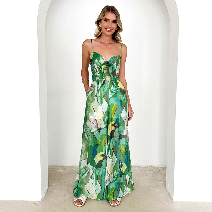 Ladies Elegant Jumpsuit with Floral Design and Adjustable Spaghetti Straps Lune London