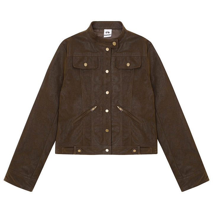 Women Short Cut Faux Leather Jacket in Vintage Moto Style Amarae