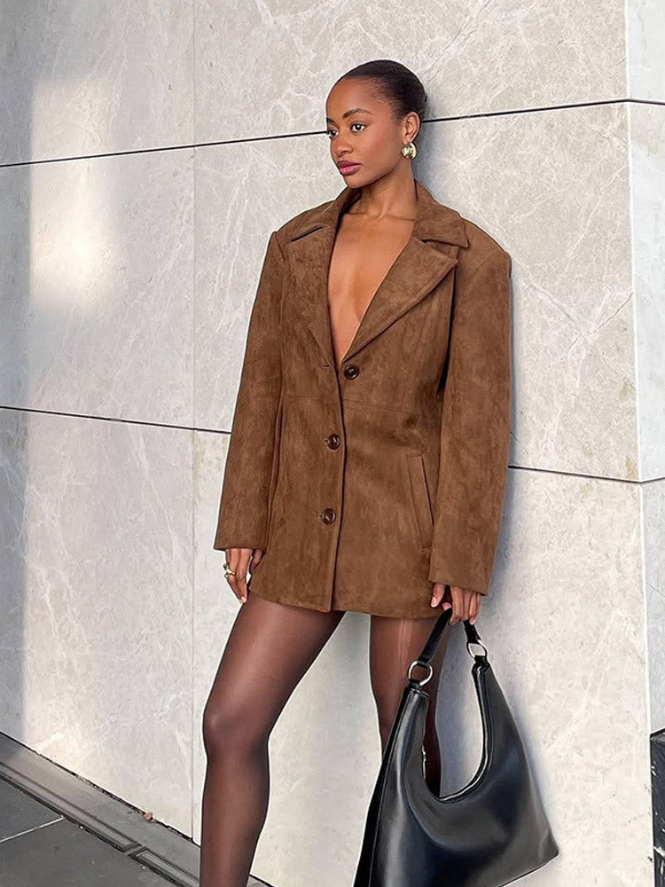 Women Short Suede Blazer Coat with Boxy Oversized Silhouette and Lapel Collar Amarae