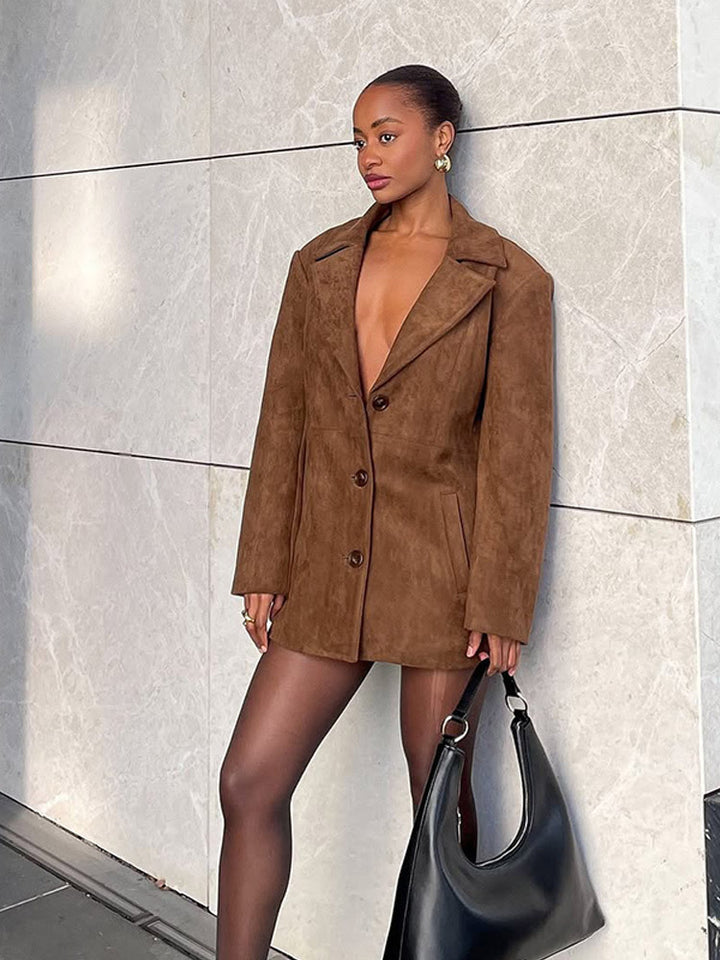 Women Short Suede Blazer Coat with Boxy Oversized Silhouette and Lapel Collar Amarae