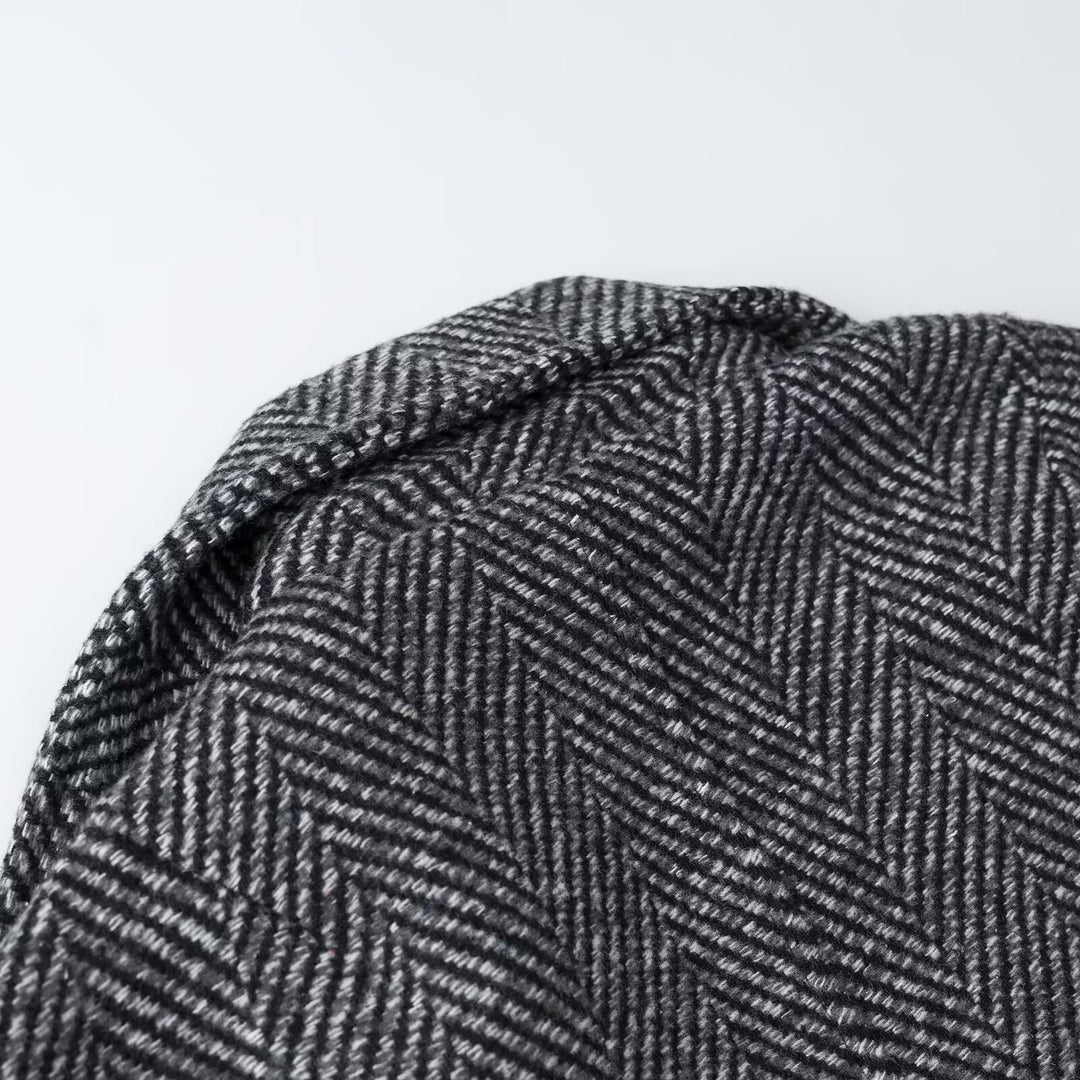 Women Short Double-Breasted Herringbone Tweed Jacket with Notch Lapel Amarae