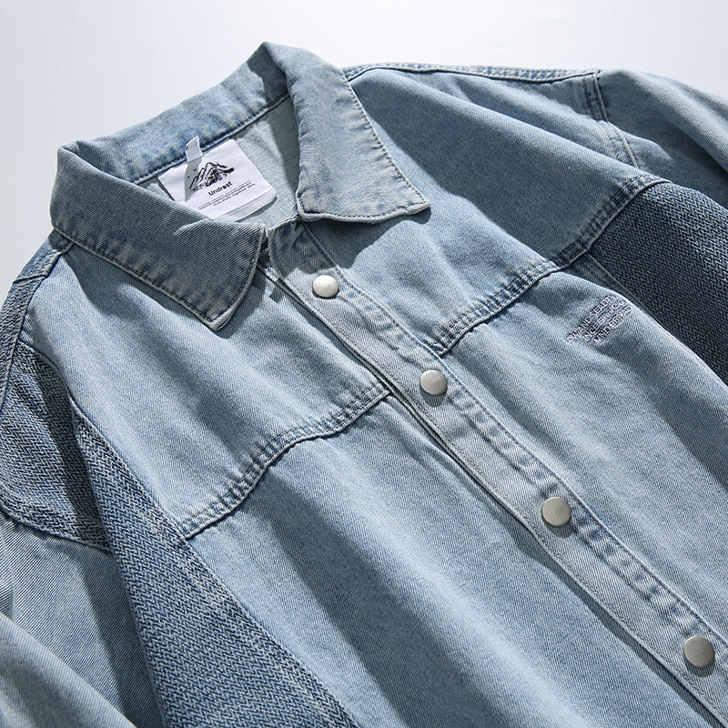 Unisex Oversized Jeans Jacket with Contrasting Woven Panels and Snap Button Closure Amarae