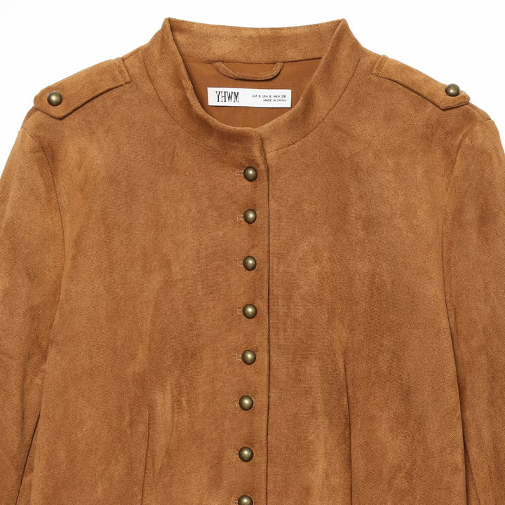 Women Short Jacket in Suede Look in Military Style with Stand-Up Collar and Asymmetrical Hem Amarae