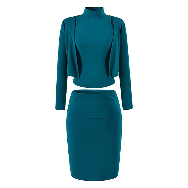 Ladies two-piece business knit set with turtleneck top, bolero, and pencil skirt Amarae