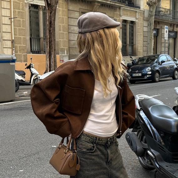 Ladies Short Suede Look Jacket with Zipper and Oversized Sleeves Amarae