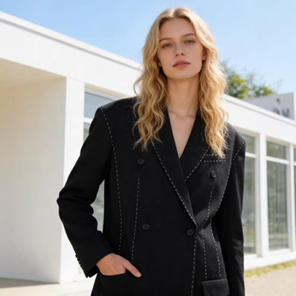 Women's Double-Breasted Oversized Blazer Coat with Distinctive Shoulder Area & Decorative Stitching Amarae