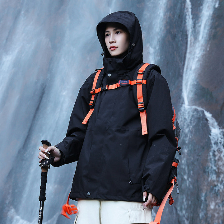Women’s technical multi-layer hardshell rain jacket with adjustable hood, chest strap, and water-resistant zippers Amarae
