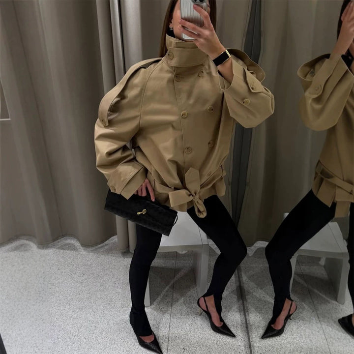 Women Short Trench with High Stand Collar, Double-Breasted Button Placket & Waist Belt Amarae