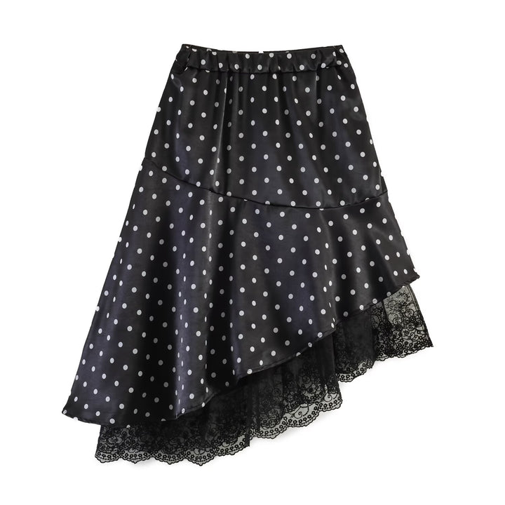 Women's Asymmetric Tiered Skirt with Ruffles, Dots, and Lace Trim Amarae