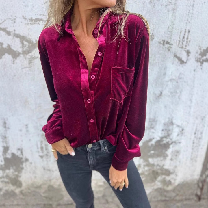 Women Elegant velvet blouse with classic shirt collar and long sleeves Lune London