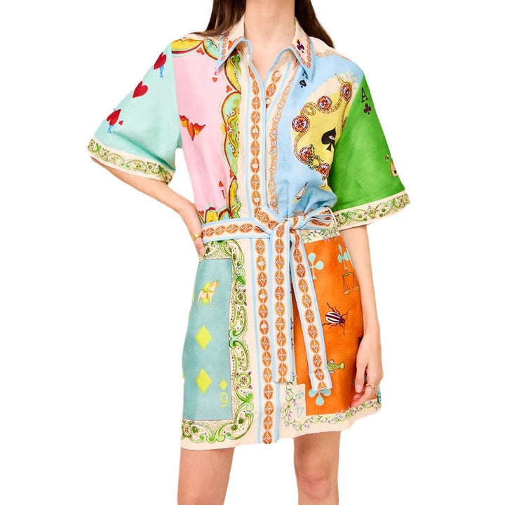 Women's shirt dress with colorful patchwork pattern and waist belt Lune London