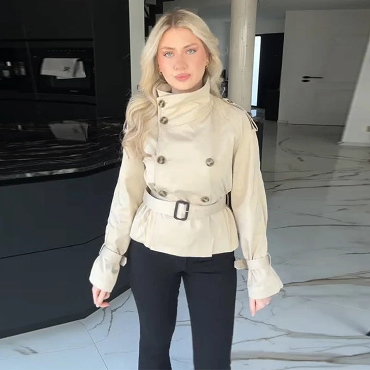 Ladies elegant short trench coat with double-breasted and belt Lune London