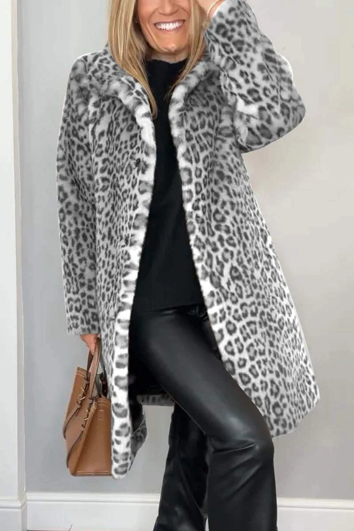 Ladies Leopard Print Faux Fur Jacket with High Collar Lune London