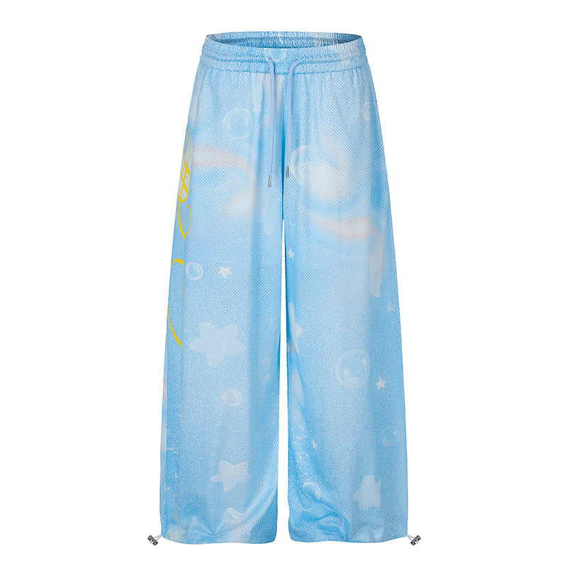 Ladies Wide Mesh Palazzo Lounge Pants with Elastic Comfort Waist and Star Bubble Print