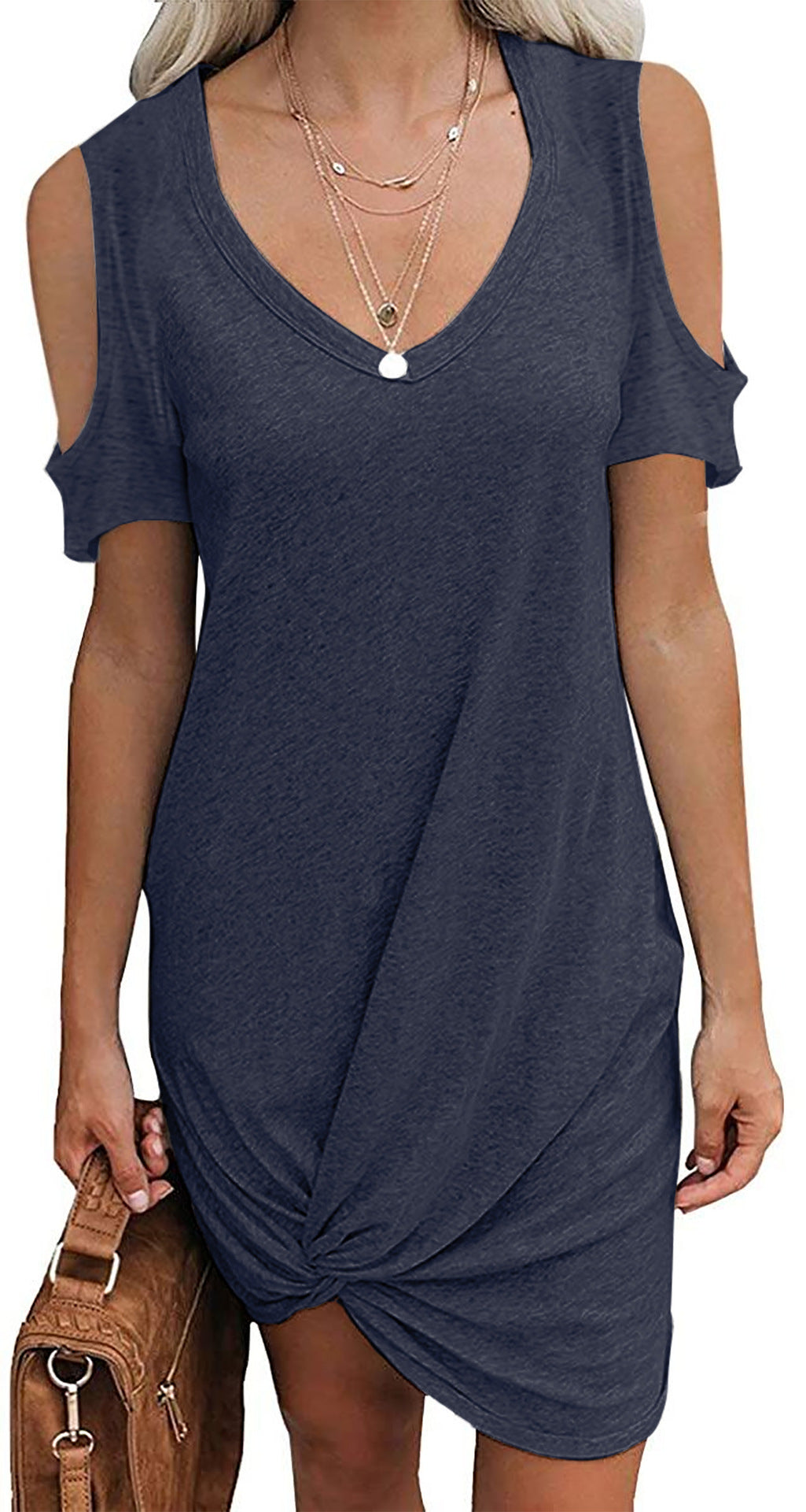Mini V-neck dress for ladies with open shoulder design and refined tying details Lune London