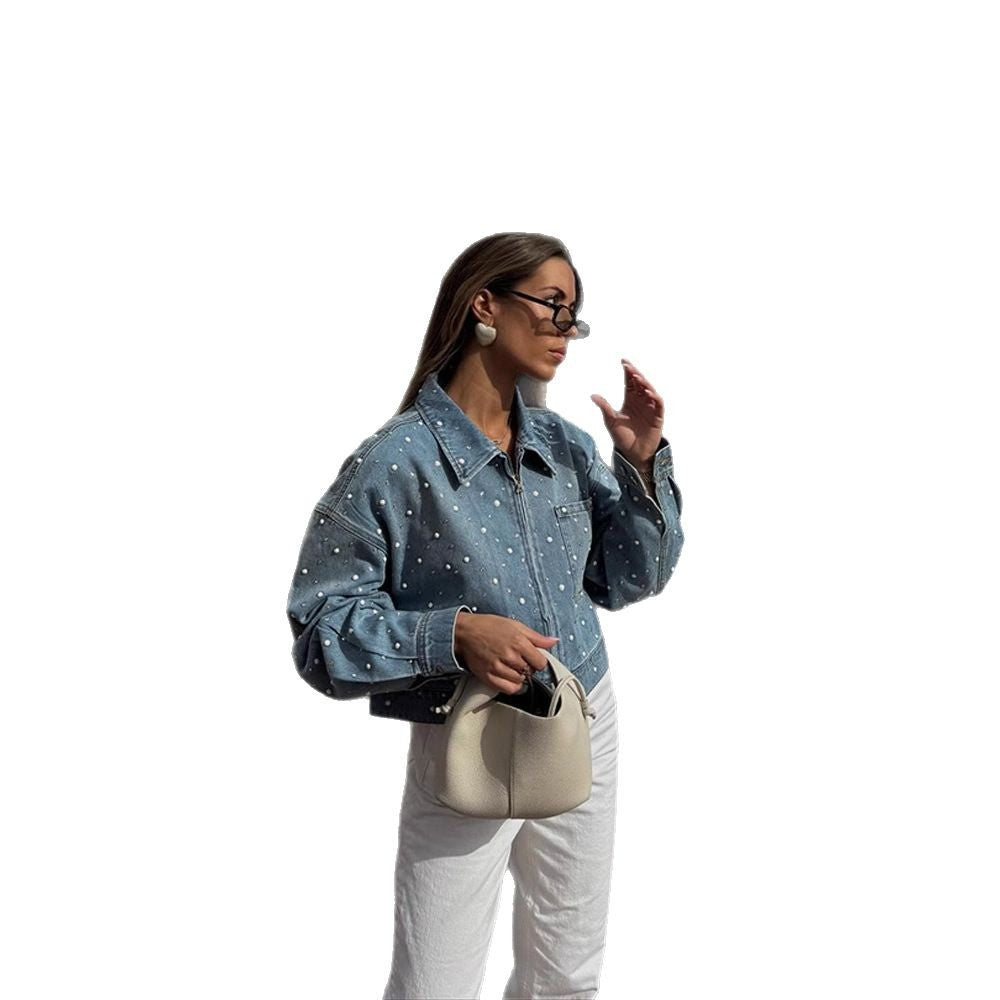 Women Cropped Denim Jacket with Pearl Detail and Oversized Sleeves Amarae