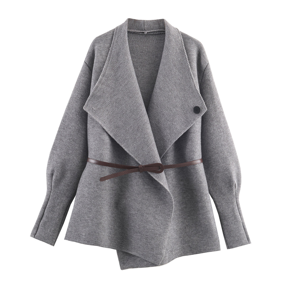 Women's Short Cut Wool Blend Cardigan Coat with Wide Shawl Collar and Narrow Tie Belt Amarae