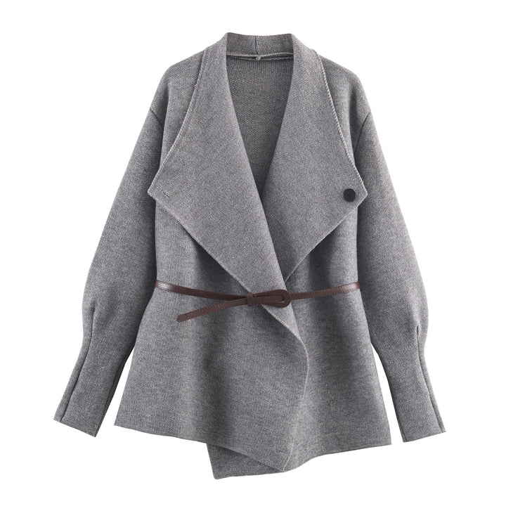 Women's Short Cut Wool Blend Cardigan Coat with Wide Shawl Collar and Narrow Tie Belt Amarae