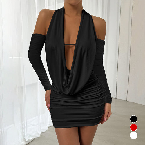 Women's Mini Dress with Deep V-Neck and Side Gatherings Amarae