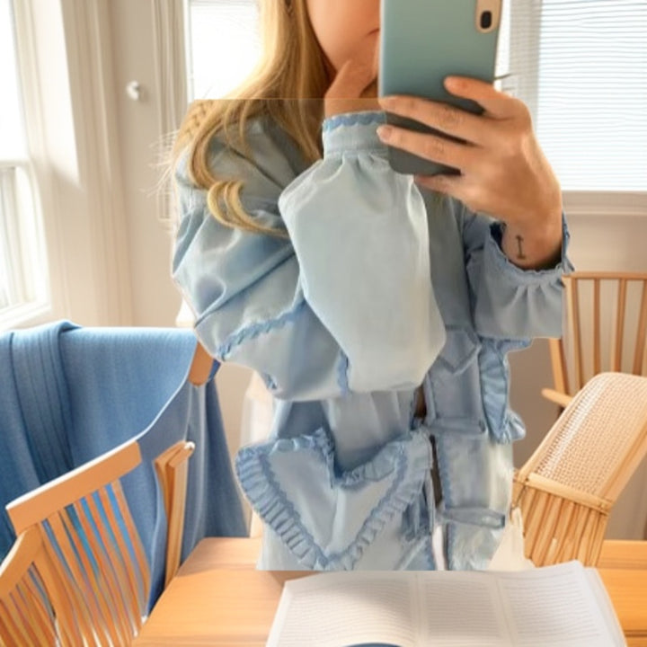 Ladies Playful V-Neck Blouse with Ruffled Heart Pockets and Front Ties Amarae