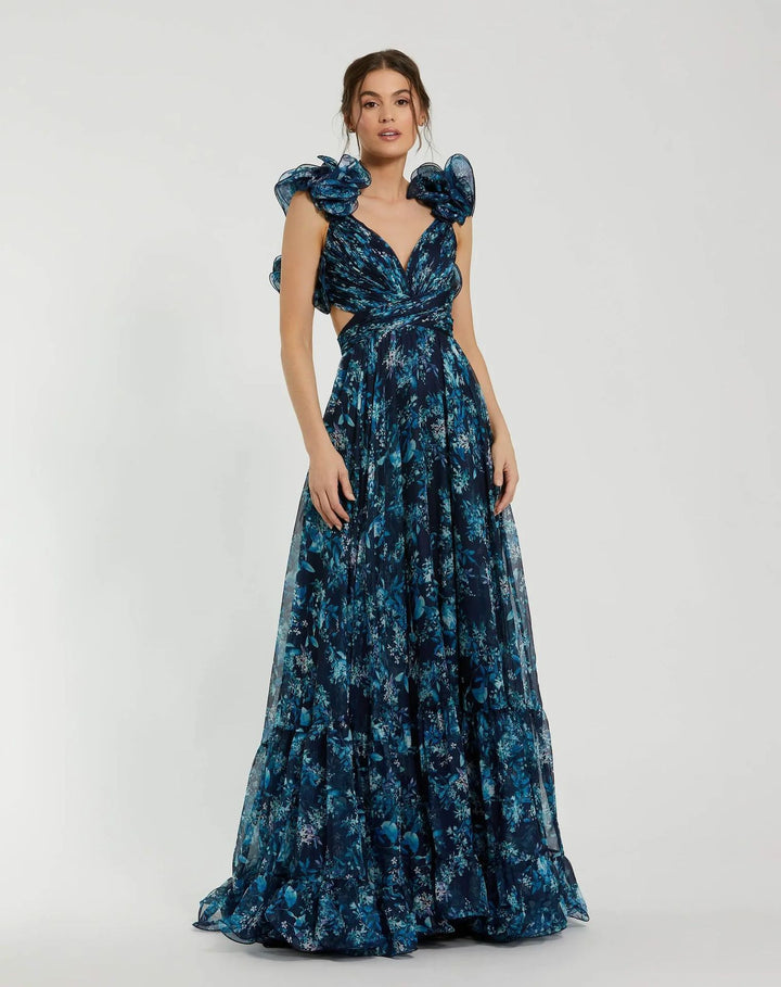 Women's maxi dress with floral ruffles and swinging design