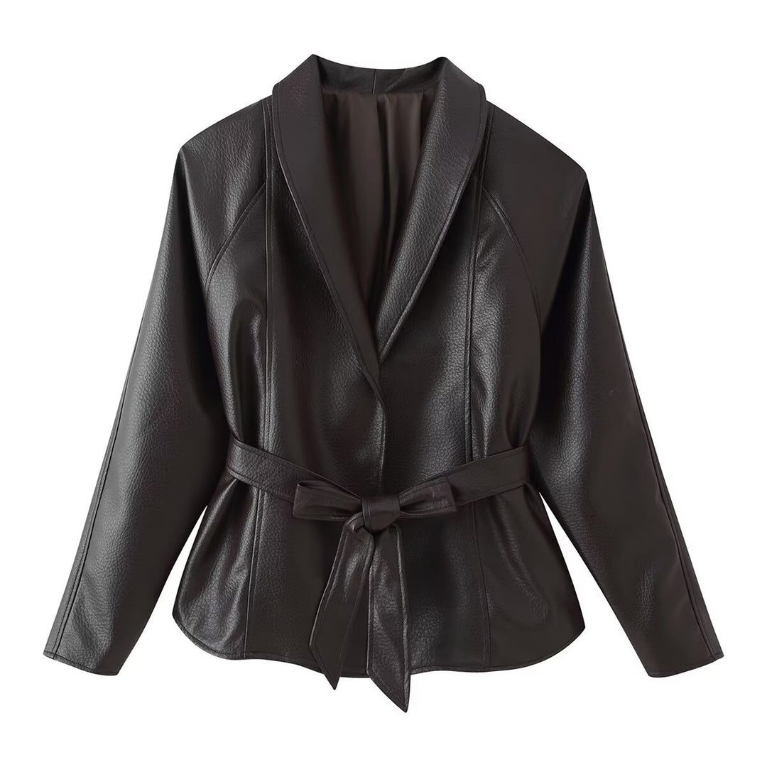Women's short blazer made of vegan leather with shawl collar and waist tie belt Amarae