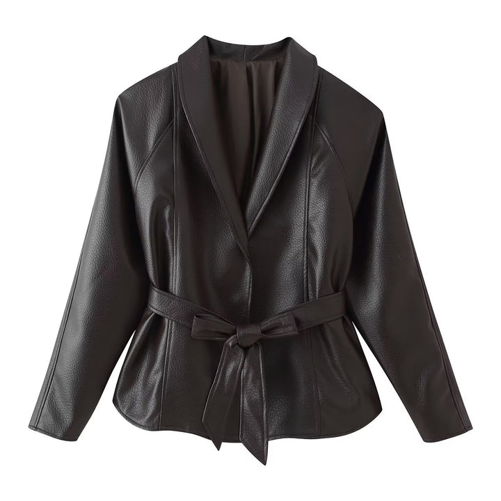 Women's short blazer made of vegan leather with shawl collar and waist tie belt Amarae