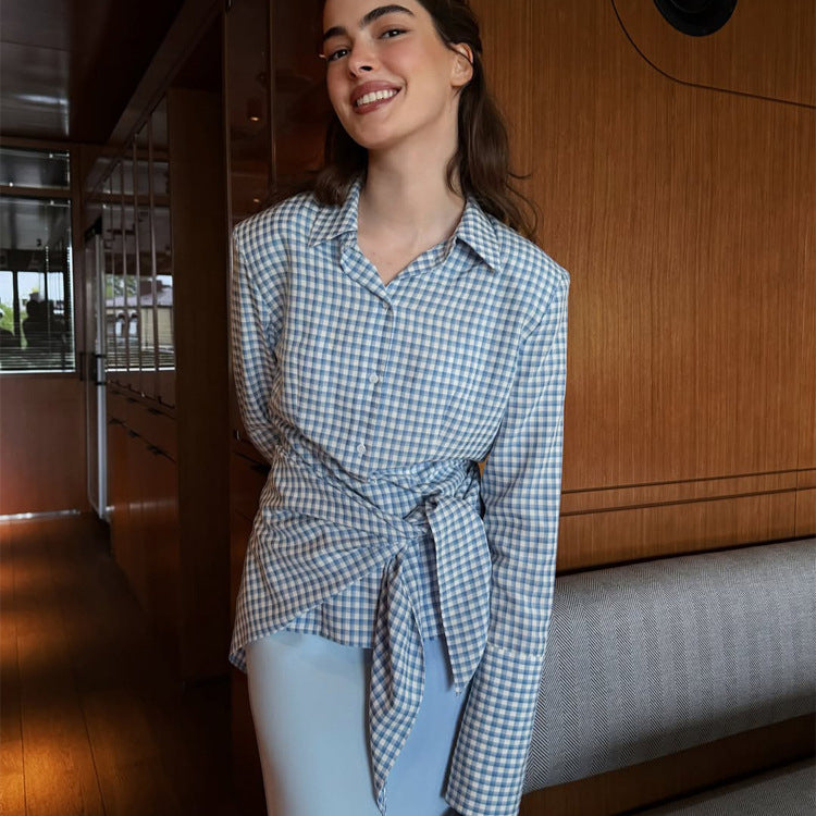 Women Gingham Wrap Blouse with Side Waist Tie and Shirt Collar Amarae